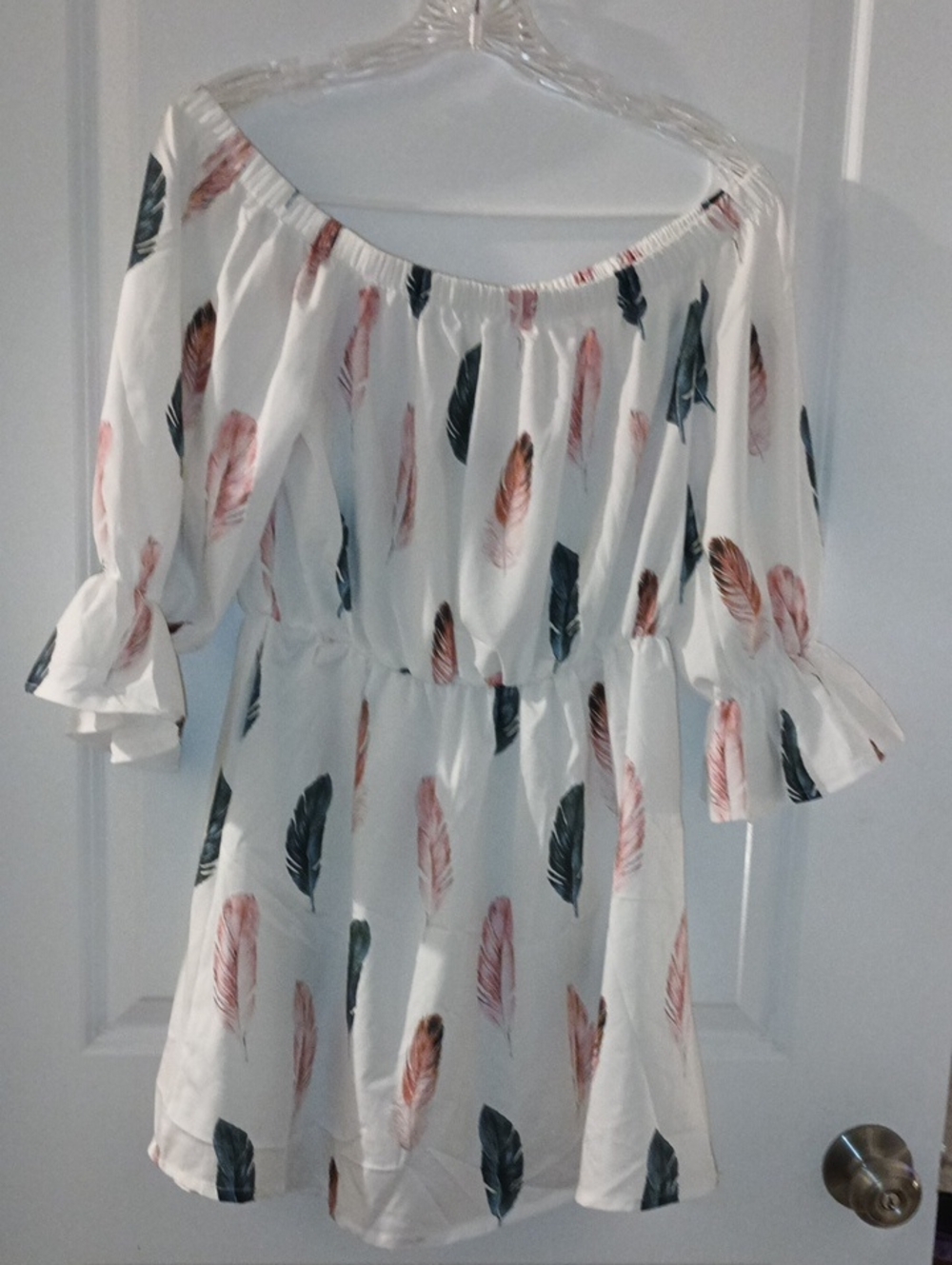 Off-Shoulder White Dress with Pink and Dark Green Feather Print